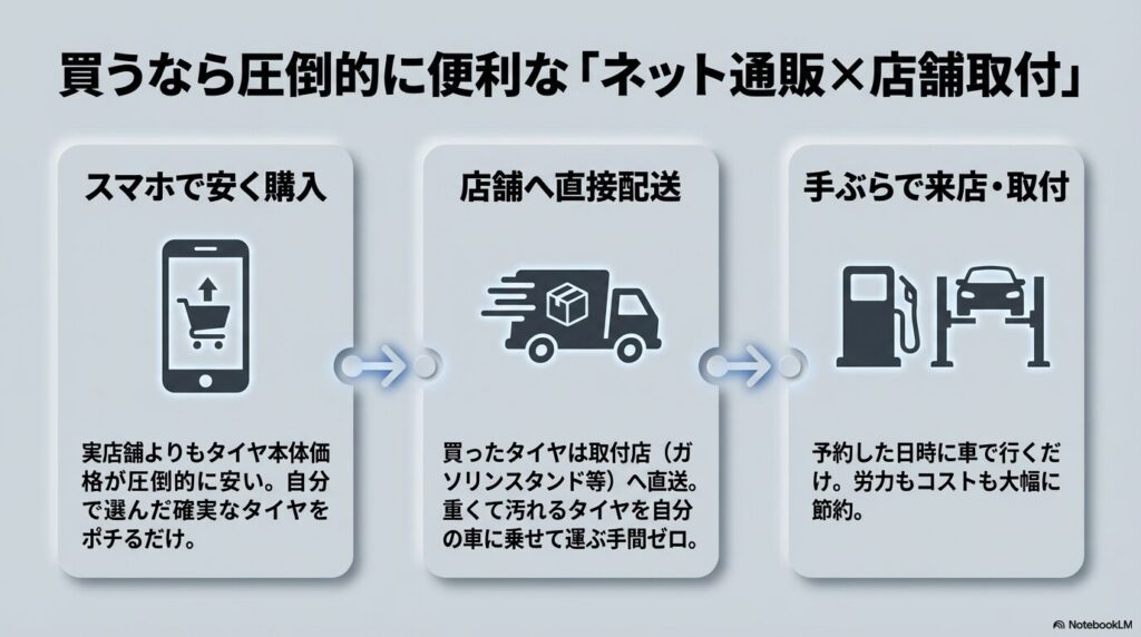 スマホで安く購入し、店舗へ直接配送され、当日は手ぶらで来店・取付ができるというネット通販のメリットを図解したトラックのイラスト 。