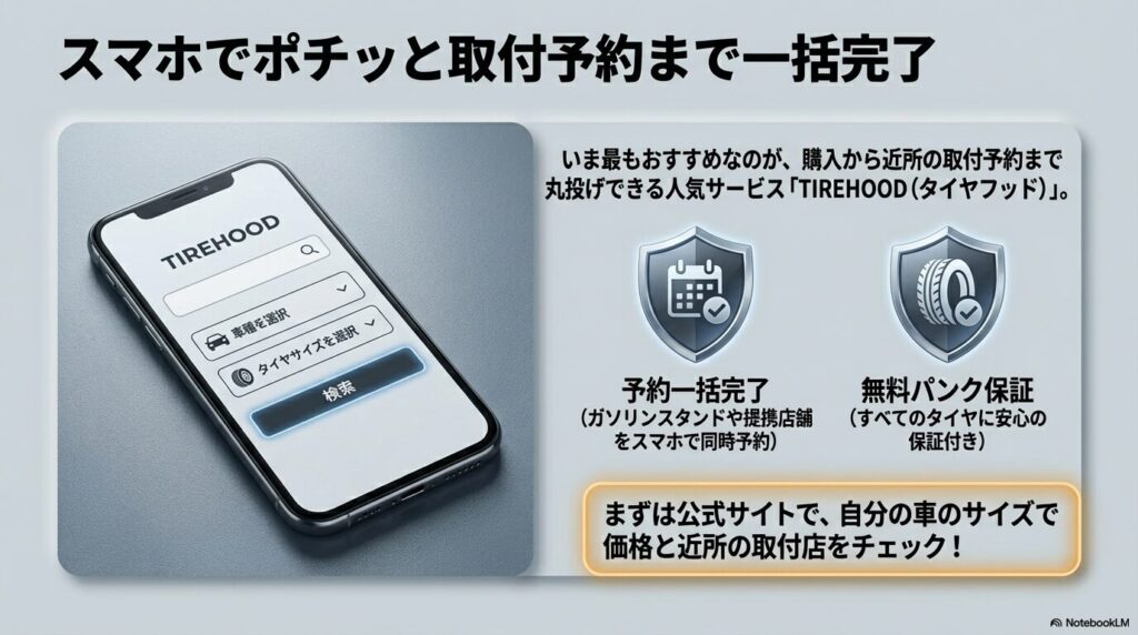 タイヤフッドを利用して車種とタイヤサイズを選択し、近くの店舗を検索して取付予約までを一括完了できる手順と、無料パンク保証のアイコン 。