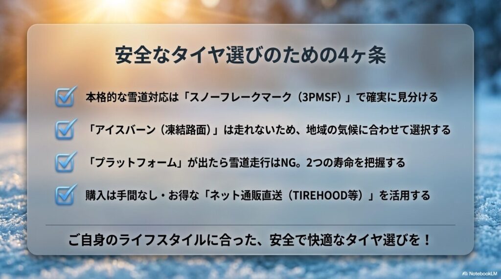 スノーフレークマークの確認、凍結路面への対応、2つの寿命の把握、ネット通販の活用という、安全なオールシーズンタイヤ選びのための4ヶ条のまとめ 。