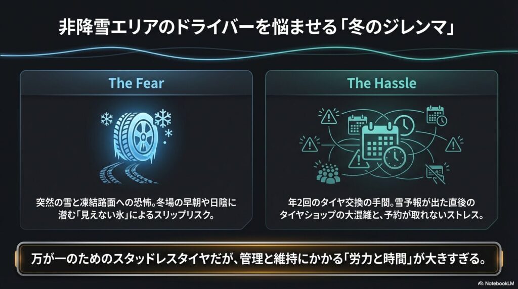 年2回のタイヤ交換の手間や突然の雪に対する恐怖など、非降雪エリアの冬のジレンマを図解