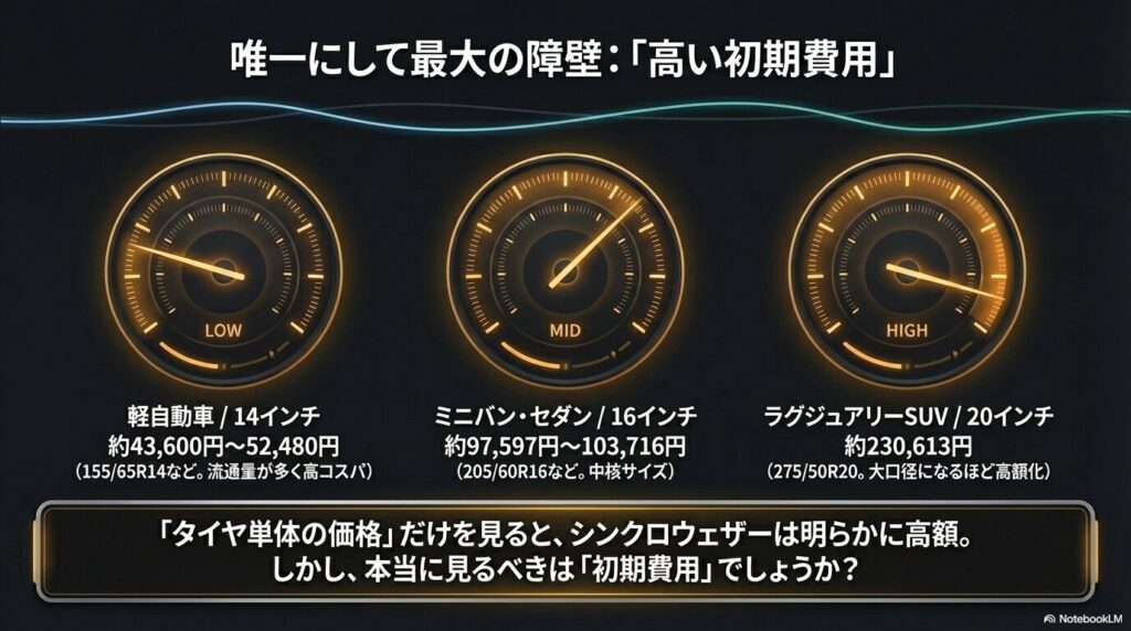 14インチから20インチまでのシンクロウェザーの初期費用の高さを表すメーター図