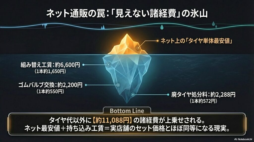 組み替え工賃や廃タイヤ処分料など、ネット通販のタイヤ単体価格に隠れた諸経費の氷山モデル