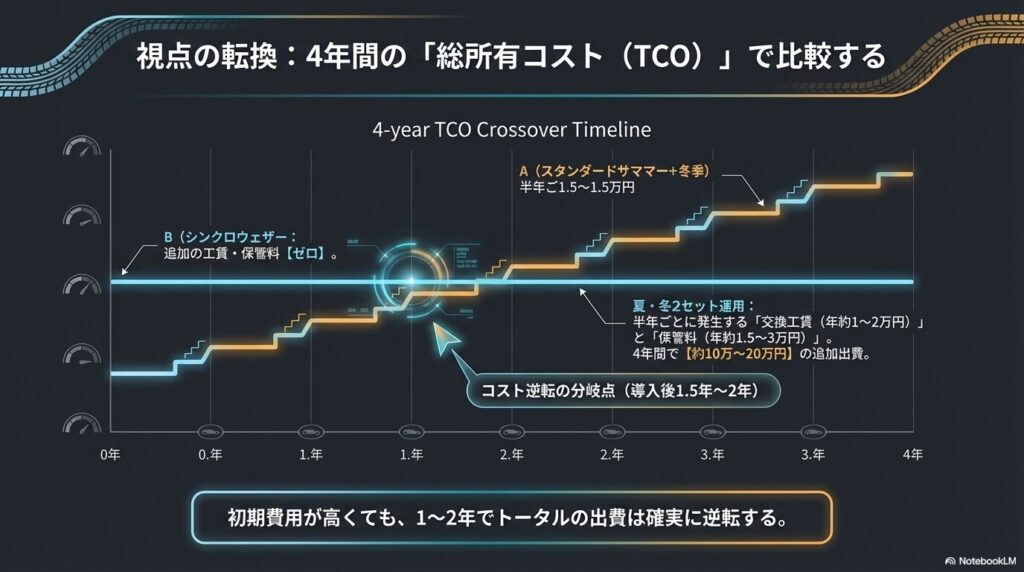 夏・冬2セット運用とシンクロウェザーの4年間のTCO（総所有コスト）が1.5〜2年で逆転することを示すグラフ