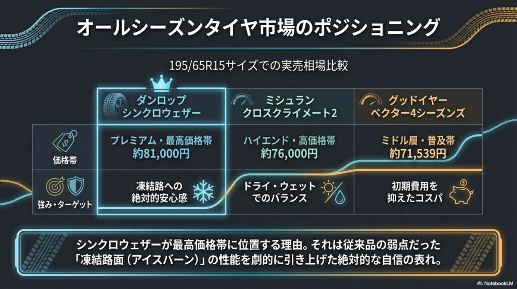 シンクロウェザー、クロスクライメート2、ベクター4シーズンズの価格帯とターゲット層の比較表