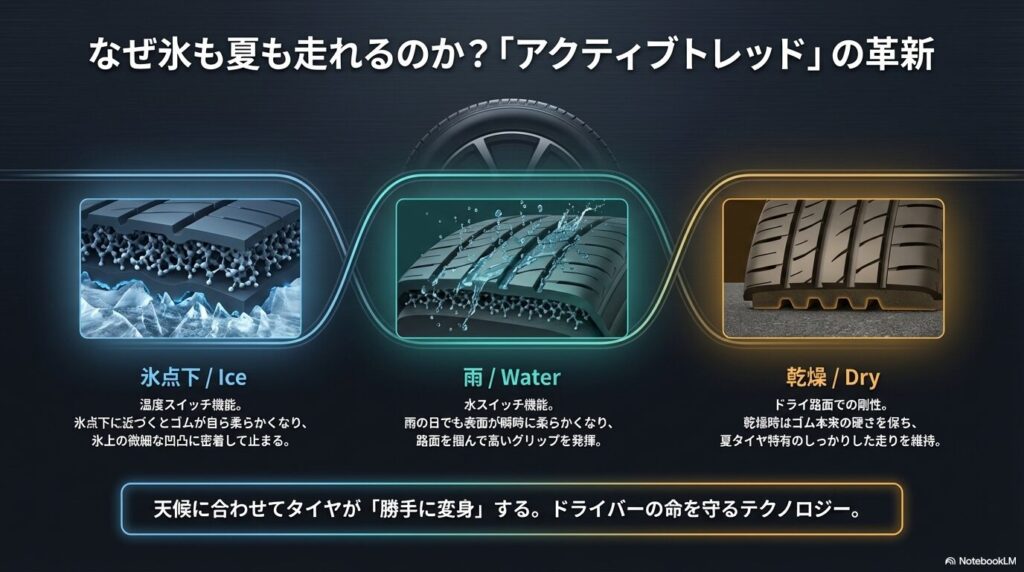 氷点下、雨、乾燥の各路面状況に合わせてゴムの性質が自ら変化するアクティブトレッド技術のイメージ