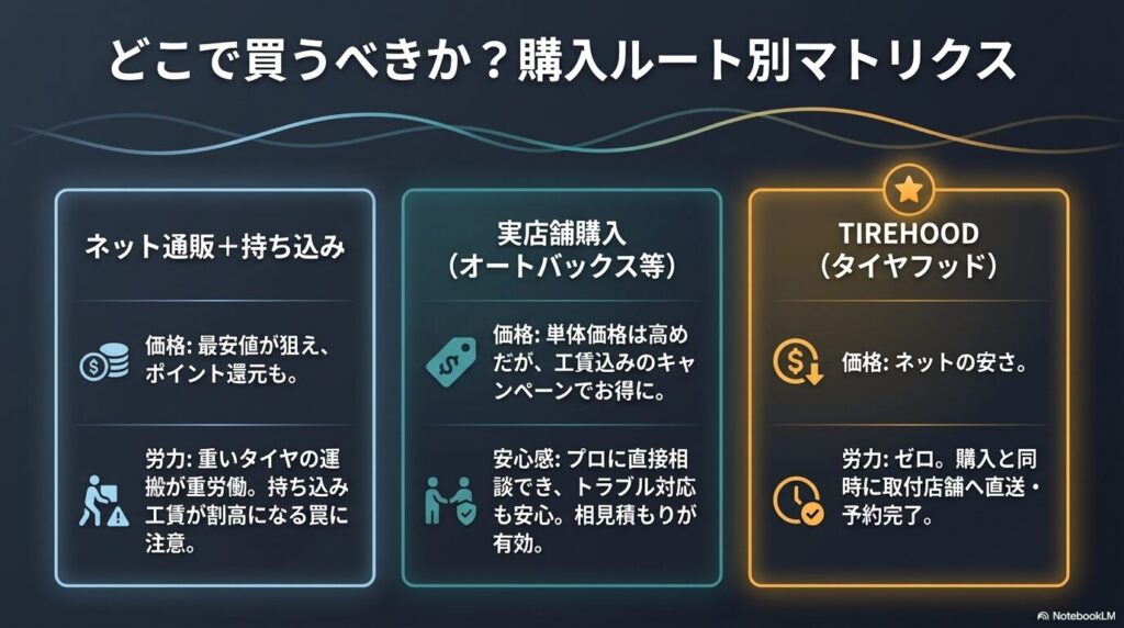 ネット通販、実店舗、TIREHOOD（タイヤフッド）の3つの購入ルートにおける価格、労力、安心感の比較表