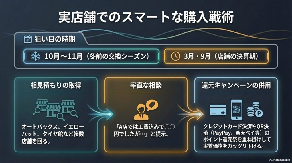狙い目の時期や相見積もり、還元キャンペーンを活用して実店舗でタイヤを安く購入する方法