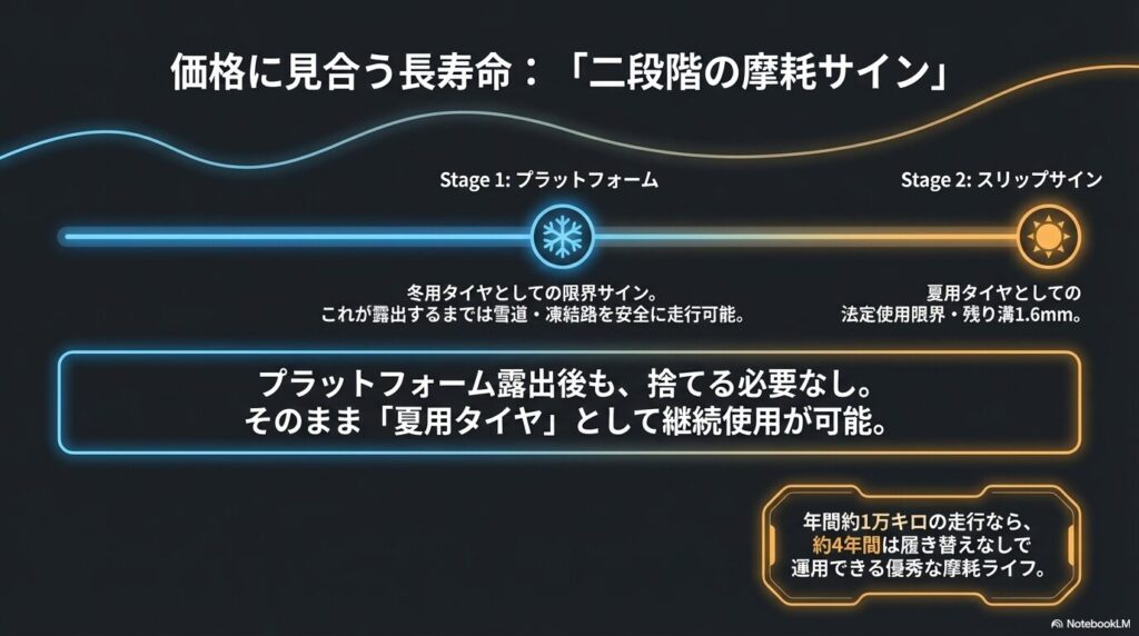 冬用タイヤの限界を示すプラットフォームと、夏用タイヤの限界を示すスリップサインの解説図