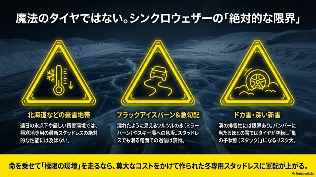 北海道などの豪雪地帯、ブラックアイスバーン、ドカ雪などにおけるシンクロウェザーの絶対的な限界
