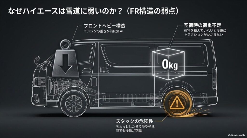 ハイエースのフロントヘビー構造と空荷時の後輪荷重不足によるスタックの危険性を解説する図解