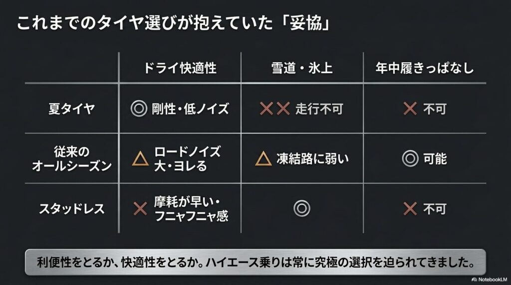 夏タイヤ、従来のオールシーズンタイヤ、スタッドレスタイヤの性能比較表