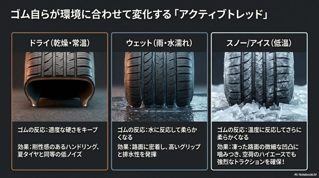 ドライ、ウェット、スノー・アイスの各路面状況に合わせてゴムの性質が変化するアクティブトレッドの解説