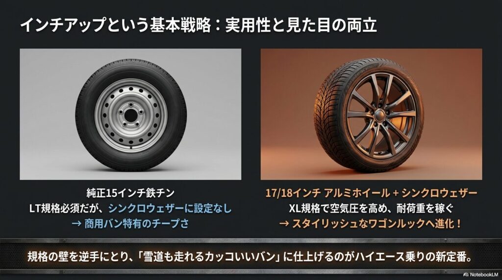 純正の鉄ホイールから17・18インチのアルミホイールとシンクロウェザーの組み合わせによるドレスアップ効果の比較