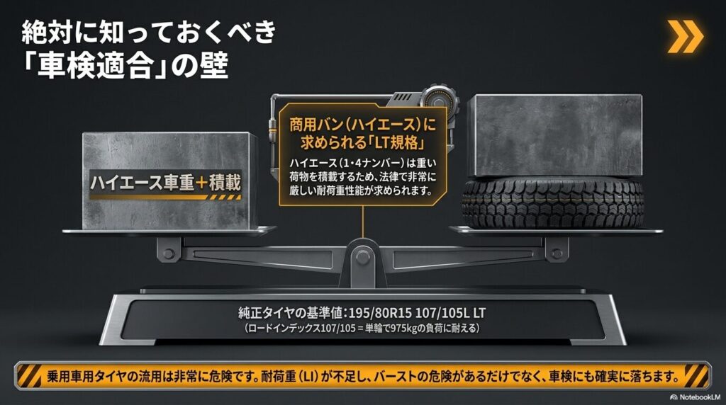 ハイエースなどの商用バンに求められるLT規格と厳しい耐荷重性能についての解説図