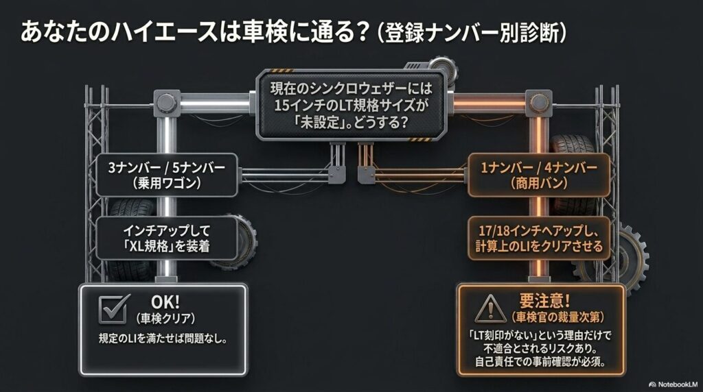 3・5ナンバーの乗用ワゴンと1・4ナンバーの商用バンにおける、シンクロウェザー装着時の車検適合可否フローチャート