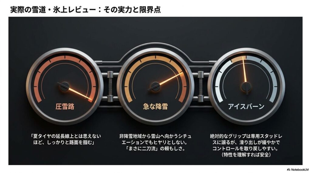 圧雪路、急な降雪、アイスバーンにおけるシンクロウェザーの実走行レビューと限界点の解説