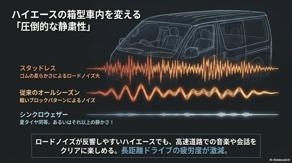 スタッドレスや従来のオールシーズンタイヤと比較して、夏タイヤと同等以上の静粛性を実現している解説