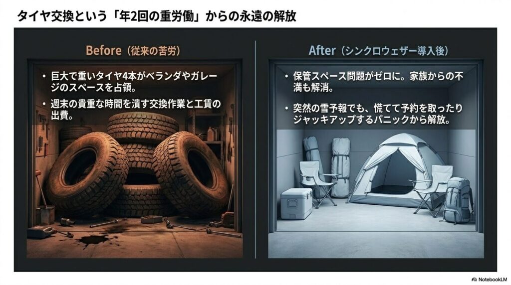 巨大なタイヤの保管スペース問題と年2回の交換作業から解放されるビフォーアフター図
