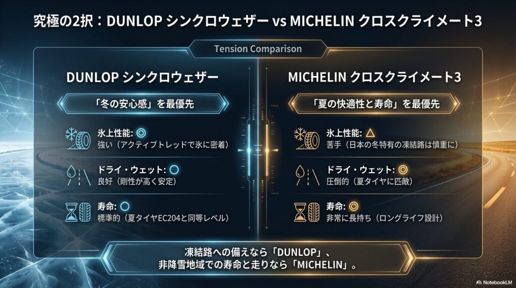 冬の安心感を最優先するDUNLOPシンクロウェザーと、夏の快適性と寿命を最優先するMICHELINクロスクライメート3の性能比較