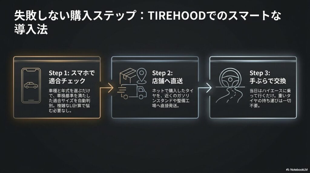 スマホでの適合チェック、店舗への直送、手ぶらで交換というタイヤフッドでの購入手順