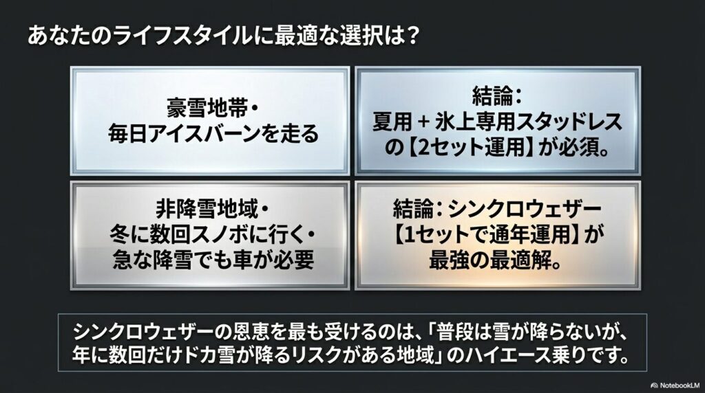 豪雪地帯と非降雪地域でのライフスタイルに合わせた最適なタイヤ運用の比較