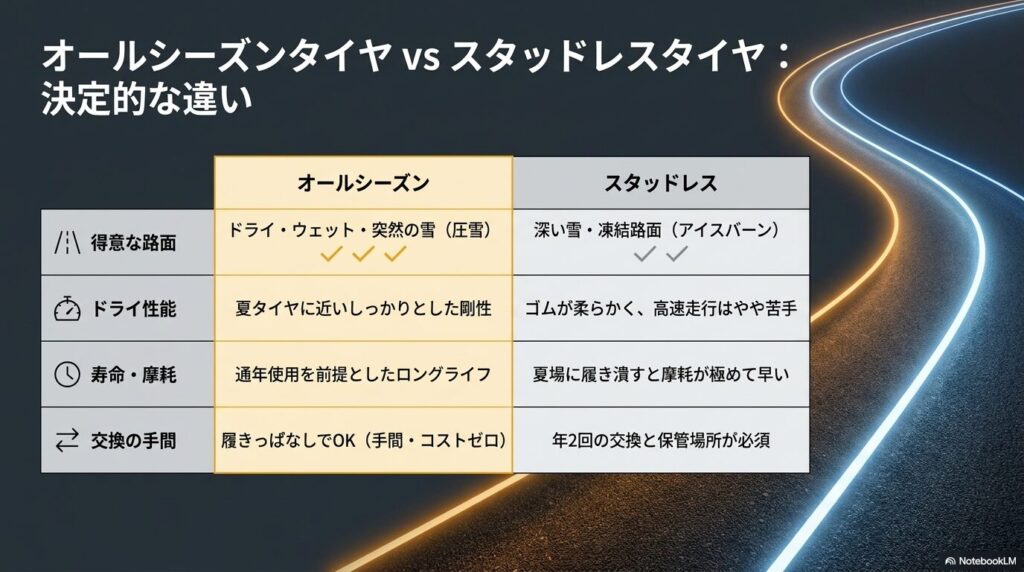 オールシーズンタイヤとスタッドレスタイヤの得意な路面や寿命・交換手間の比較表