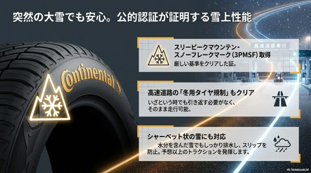 厳しい雪上基準をクリアした証である3PMSF取得と高速道路の冬用タイヤ規制をクリアする図解