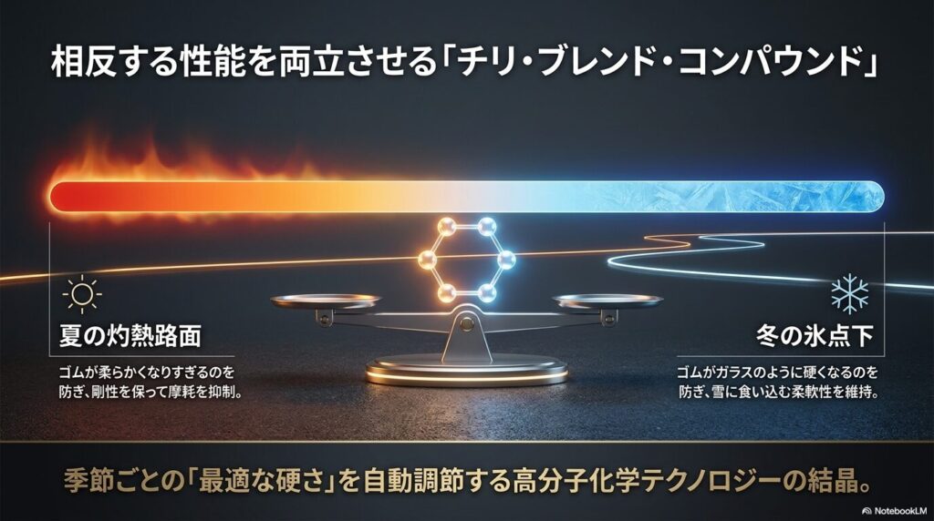 夏の灼熱路面から冬の氷点下まで最適な硬さを自動調節する高分子化学テクノロジー