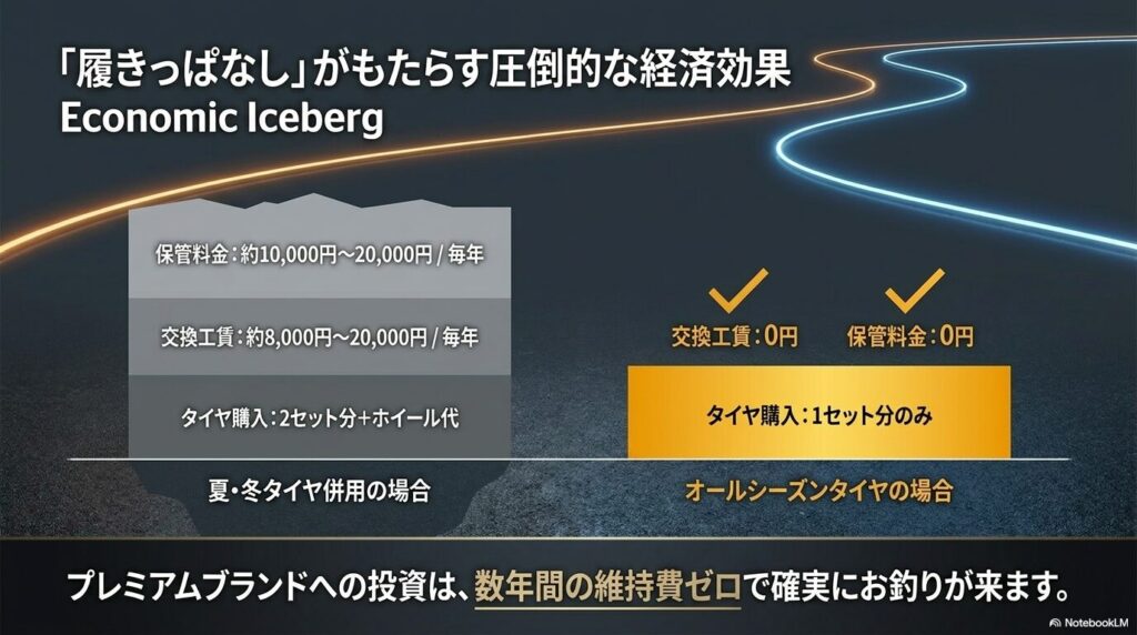 夏・冬タイヤ併用とオールシーズンタイヤの保管料金や交換工賃を比較した図解