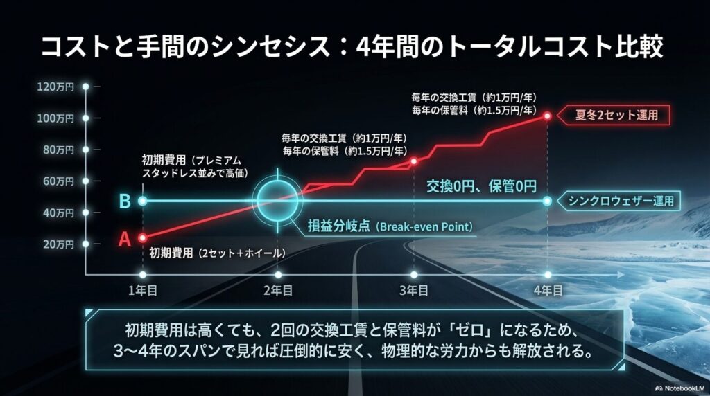 毎年の交換工賃と保管料がゼロになり、3〜4年で損益分岐点を迎えるシンクロウェザーと夏冬2セット運用のトータルコスト比較グラフ