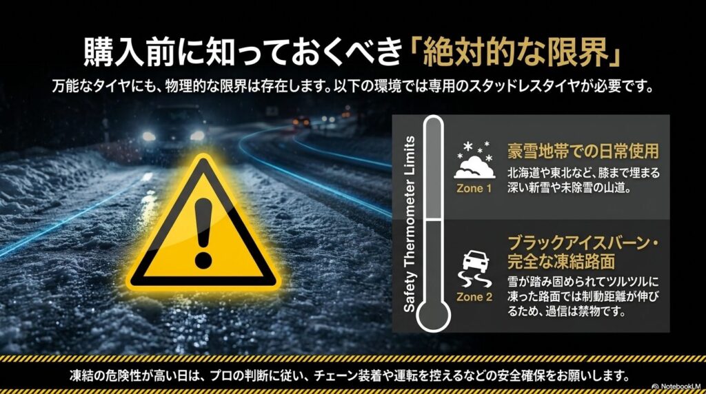 豪雪地帯や完全な凍結路面などオールシーズンタイヤが苦手とする環境の図解