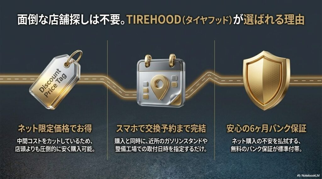 TIREHOODのネット限定価格やスマホでの交換予約完結、6ヶ月パンク保証などのメリット