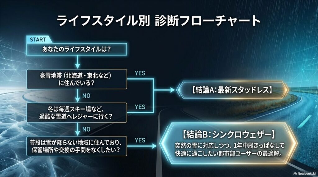 豪雪地帯の居住や冬のレジャー頻度から診断する、あなたに最適なタイヤ選びのフローチャート
