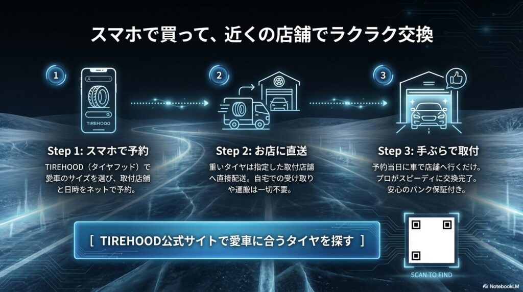 スマホで予約し、お店に直送して手ぶらで取付できるTIREHOODの便利な交換ステップ
