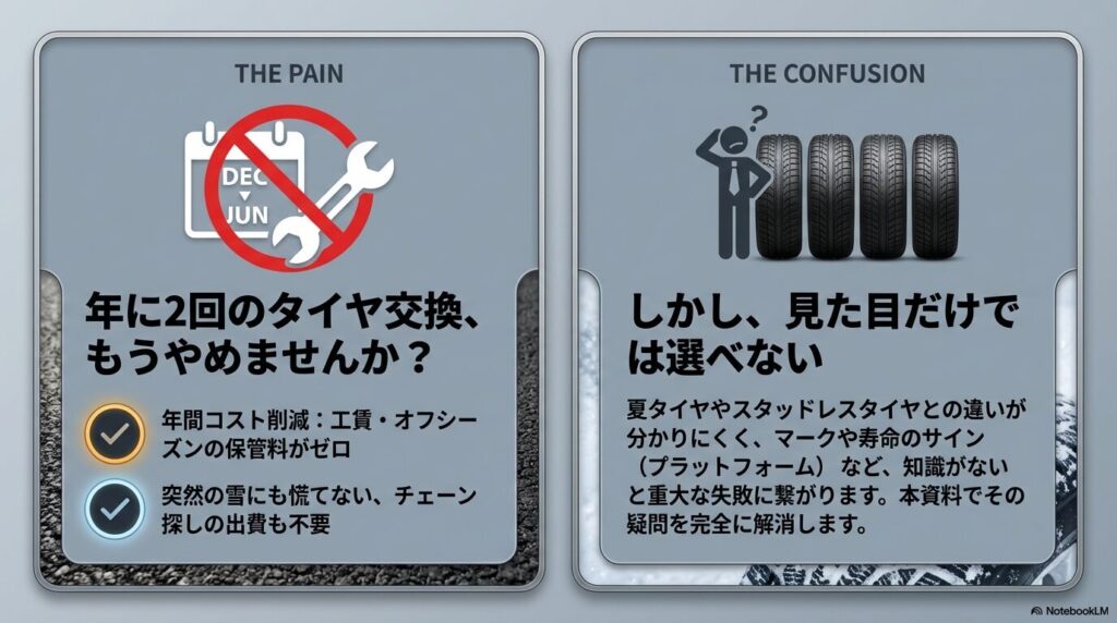 年に2回のタイヤ交換やオフシーズンの保管料がゼロになるなど、オールシーズンタイヤのコスト削減メリットを示す図 。