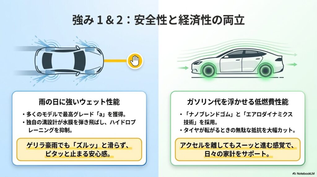 ブルーアースの強みである雨の日に強いウェット性能と、ガソリン代を浮かせる低燃費性能の解説