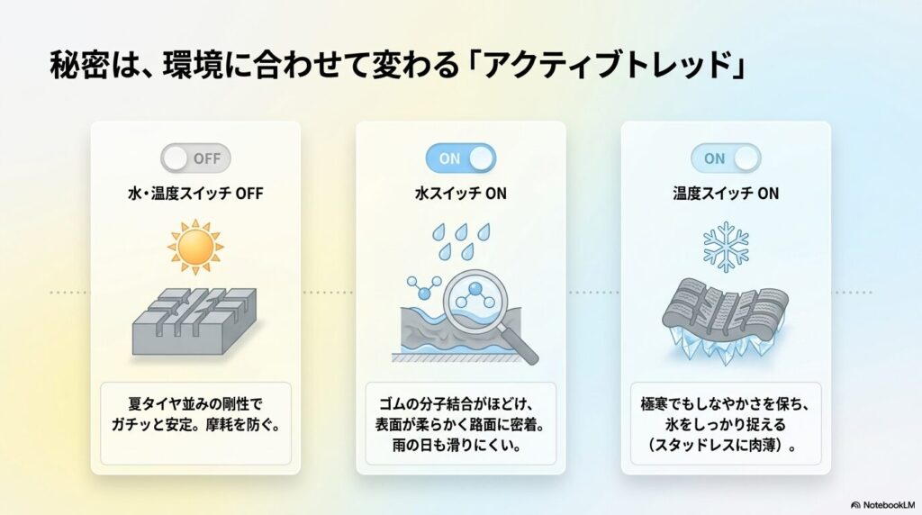 水スイッチと温度スイッチで環境に合わせてゴムが変わるアクティブトレッドの図解