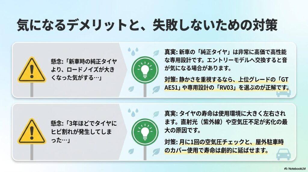 ロードノイズやヒビ割れなど、ブルーアースに関する気になるデメリットとその対策