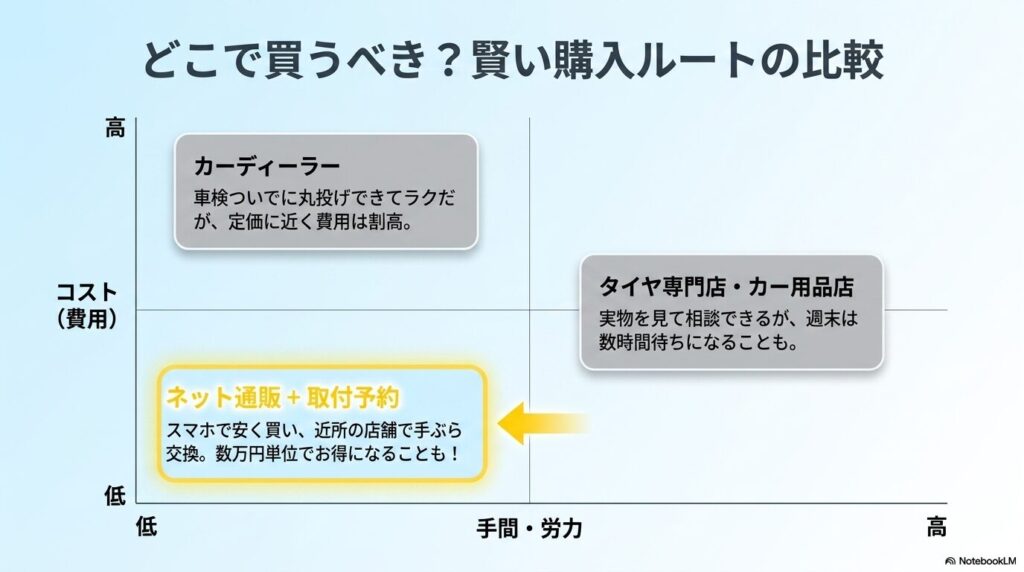 カーディーラー、ネット通販＋取付予約、タイヤ専門店のコストと手間の比較グラフ