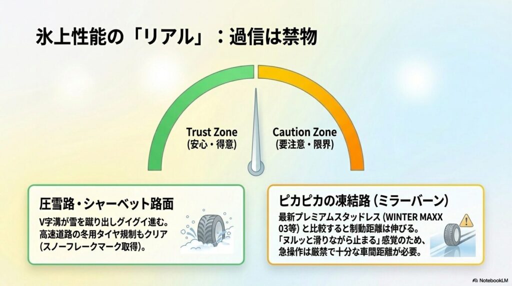 圧雪路での強さと凍結路（ミラーバーン）での制動距離に関する注意点スライド