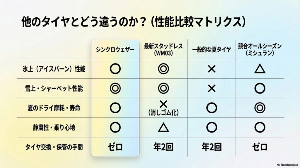 シンクロウェザーとスタッドレス、夏タイヤ、競合オールシーズンタイヤの性能比較表スライド
