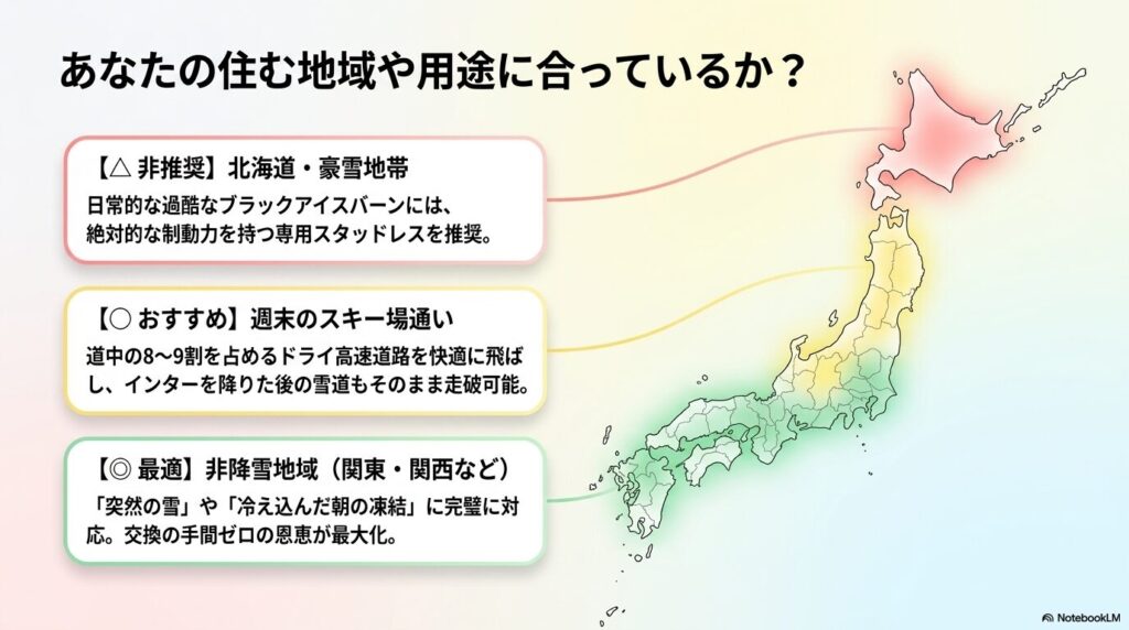 北海道・スキー場・非降雪地域別のシンクロウェザーおすすめ度をまとめたスライド