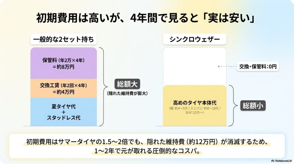 一般的なタイヤ2セット持ちとシンクロウェザーの4年間の維持費・総額比較スライド