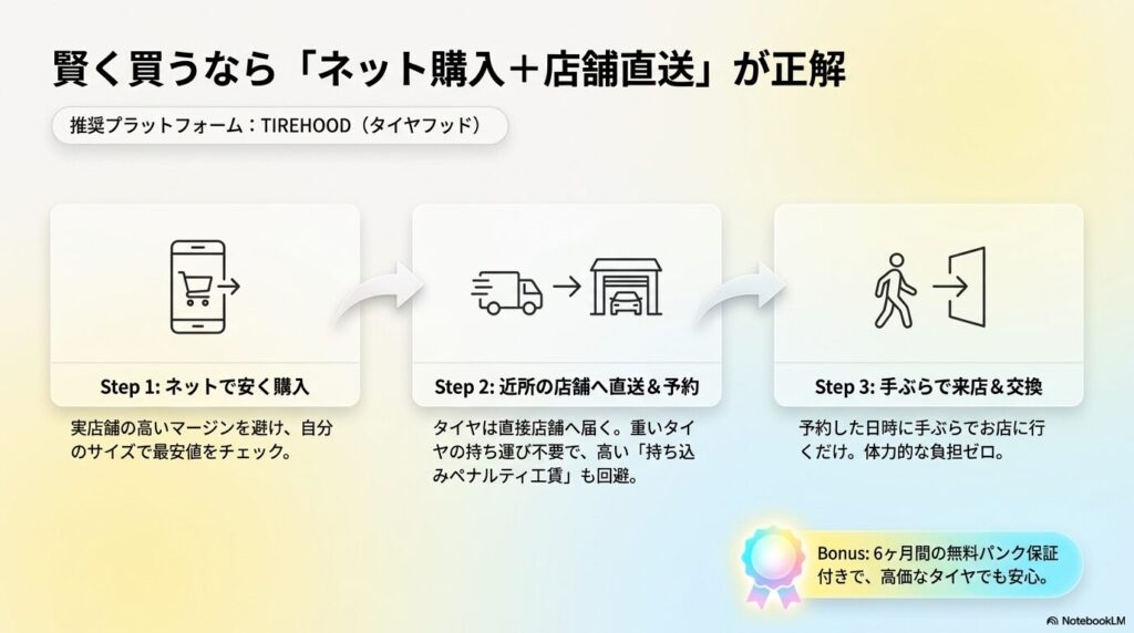 TIREHOODを利用したネット購入・店舗直送・手ぶら交換の手順スライド